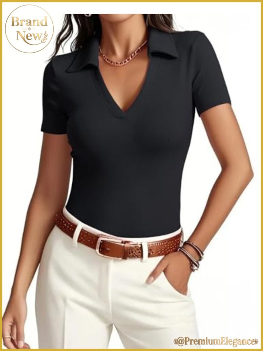 Women's Short Sleeve V-Neck Polo Shirt Slim Fit Business Work Top